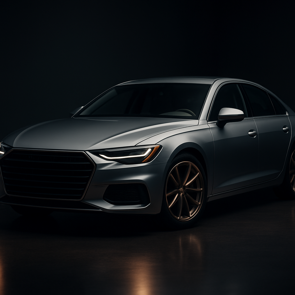 A luxury sedan in a minimalist studio showroom