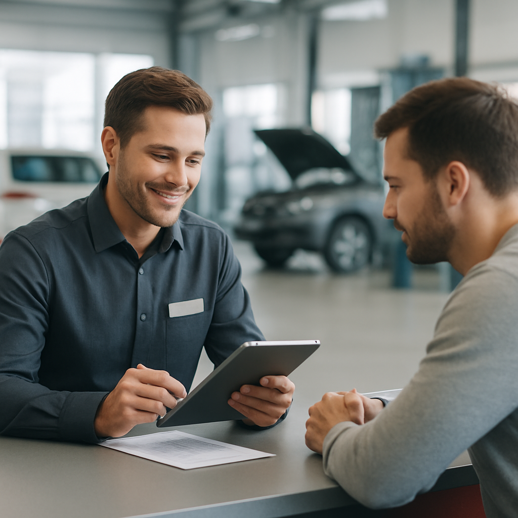 Service advisor reviewing vehicle service details with a customer at a dealership service desk